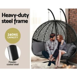 Gardeon Outdoor Egg Swing Chair With Stand Cushion Wicker Two Person Double Black -AU Camping Equipment Sales 2yRL1jHZTSOFBL5lY eraqacU