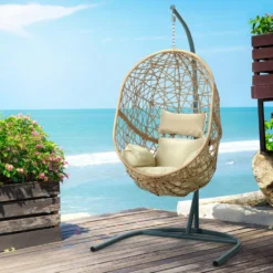 Gardeon Outdoor Hanging Basket Swing Chair With Stand Soft Cushion Patio Garden Chairs Yellow