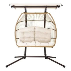 Gardeon Outdoor Hanging Rattan Swing Chair With Stand Soft Cushion Canopy 2 Seater Cream -AU Camping Equipment Sales GWmZ54SiHIJlxJoHvwhpxjMeY