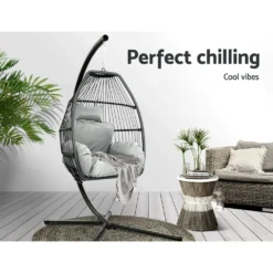 Gardeon Outdoor Hanging Rattan Swing Chair With Stand Soft Cushion Rope Indoor Grey -AU Camping Equipment Sales NIiFpdP0 oxZ1hYunE7RSW4zw