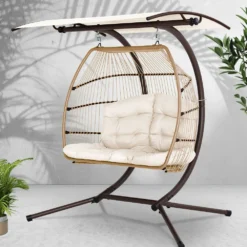 Gardeon Outdoor Hanging Rattan Swing Chair With Stand Soft Cushion Canopy 2 Seater Cream