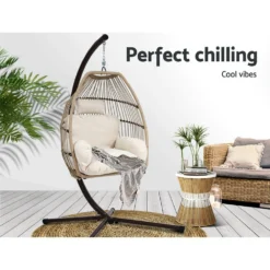Gardeon Outdoor Swing Hanging Basket Egg Chair With Stand Cushion Rope Latte -AU Camping Equipment Sales QomszmTagjOKH6MFJ 1BV9NYQ