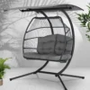 Gardeon Outdoor Hanging Rattan Swing Chair With Stand Soft Cushion Canopy 2 Seater Grey -AU Camping Equipment Sales W7zhNrDSMsi2VVqP07cGGyBEw