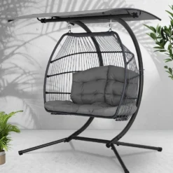 Gardeon Outdoor Hanging Rattan Swing Chair With Stand Soft Cushion Canopy 2 Seater Grey