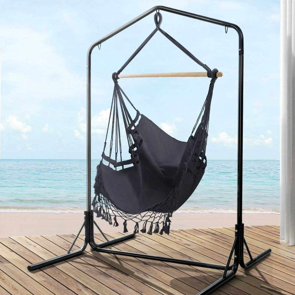 Gardeon Hammock Chair With Stand Outdoor Swing Hanging Bed Tassel Grey 4 Gardeon Hammock Chair With Stand Outdoor Swing Hanging Bed Tassel Grey - Image 2