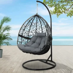 Gardeon Outdoor Hanging Basket Swing Egg Chair With Stand Soft Cushion Indoor Black