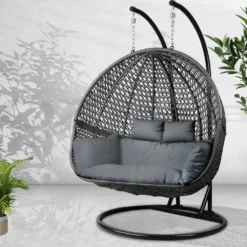 Gardeon Outdoor Egg Swing Chair With Stand Cushion Wicker Two Person Double Black