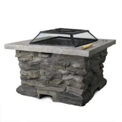 Grillz Fire Pit Table Stone Base Outdoor Patio BBQ Grill Wood Fireplace Heater